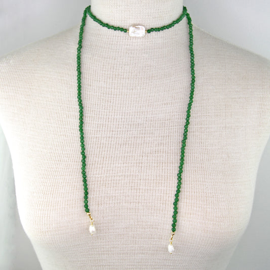Green Jade Lariat Wrap Necklace with Freshwater Pearl Accents