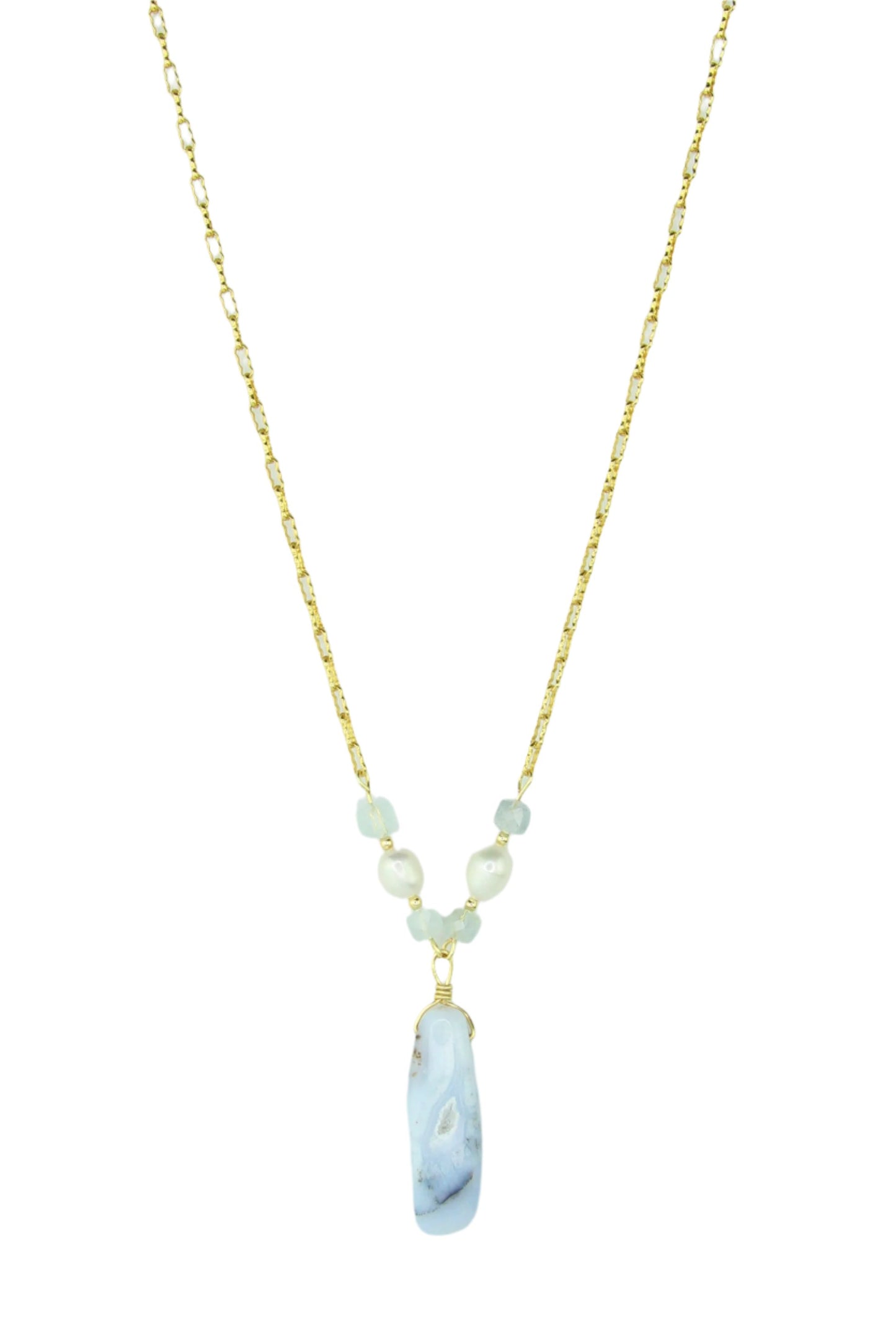 Blue Lace Agate, Pearl, and Morganite Necklace