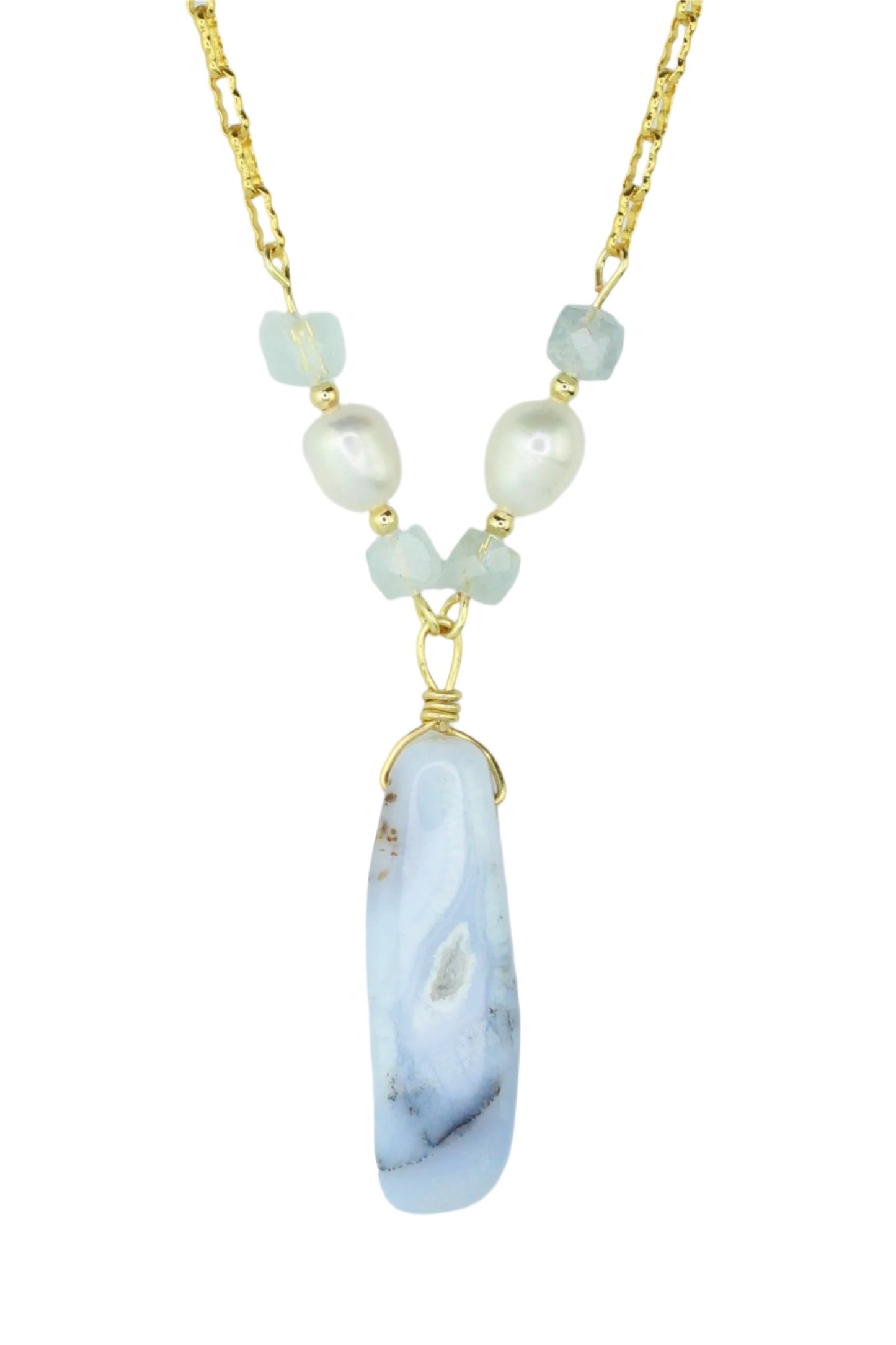 Blue Lace Agate, Pearl, and Morganite Necklace