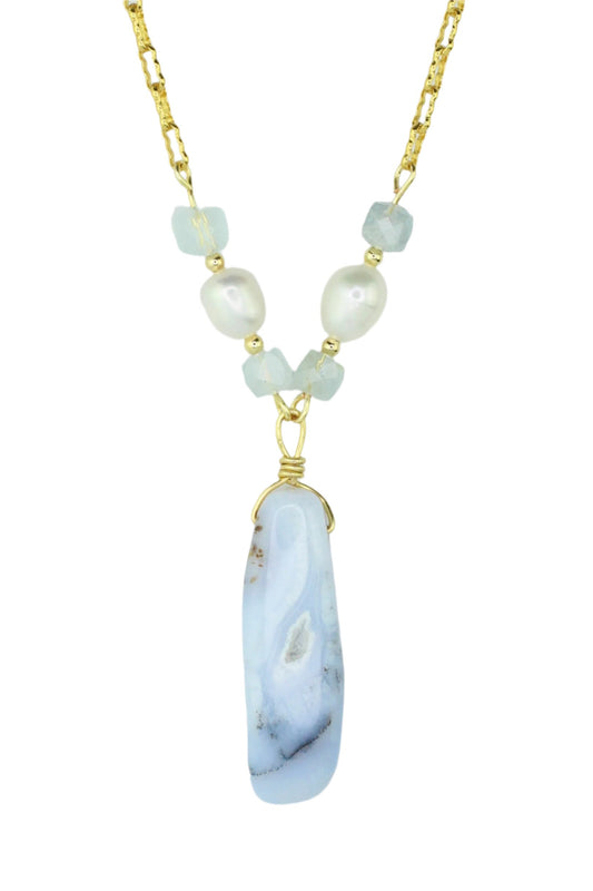 Blue Lace Agate, Pearl, and Morganite Necklace