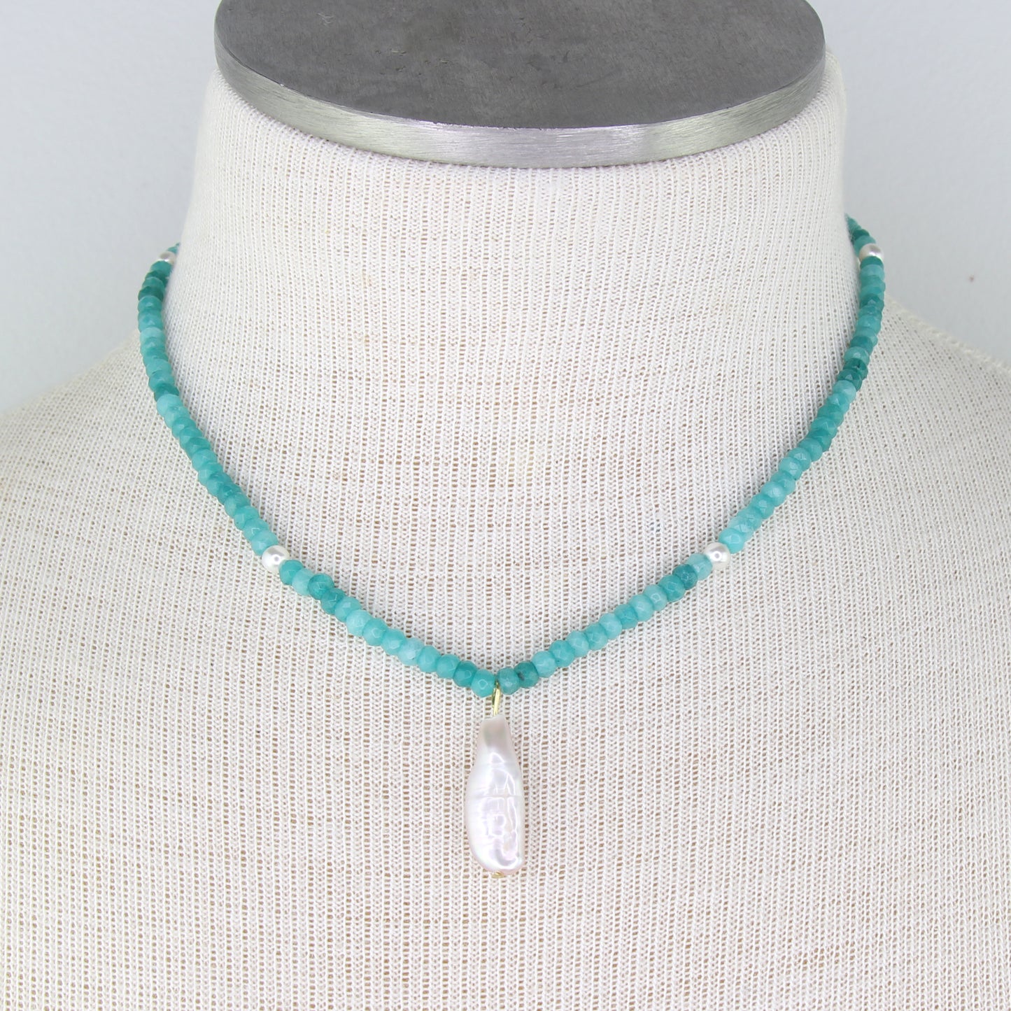 Blue Jade Necklace with Freshwater Pearl Pendant