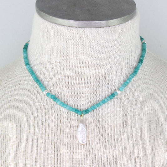 Blue Jade and Freshwater Pearl Pendant Necklace
