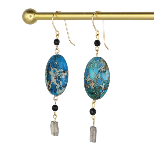 Blue Impression Jasper, Onyx, and Labradorite Earrings