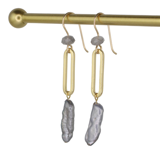 Gray Freshwater Pearl and Cloudy Quartz Drop Earrings
