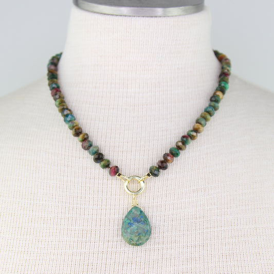 Rainbow Tiger's Eye Necklace with Turquoise Pendant