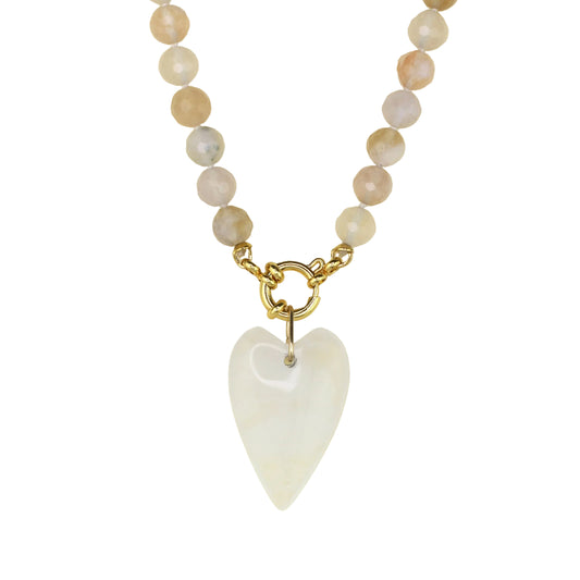 Cherry Blossom Agate and Clear Quartz Heart Necklace