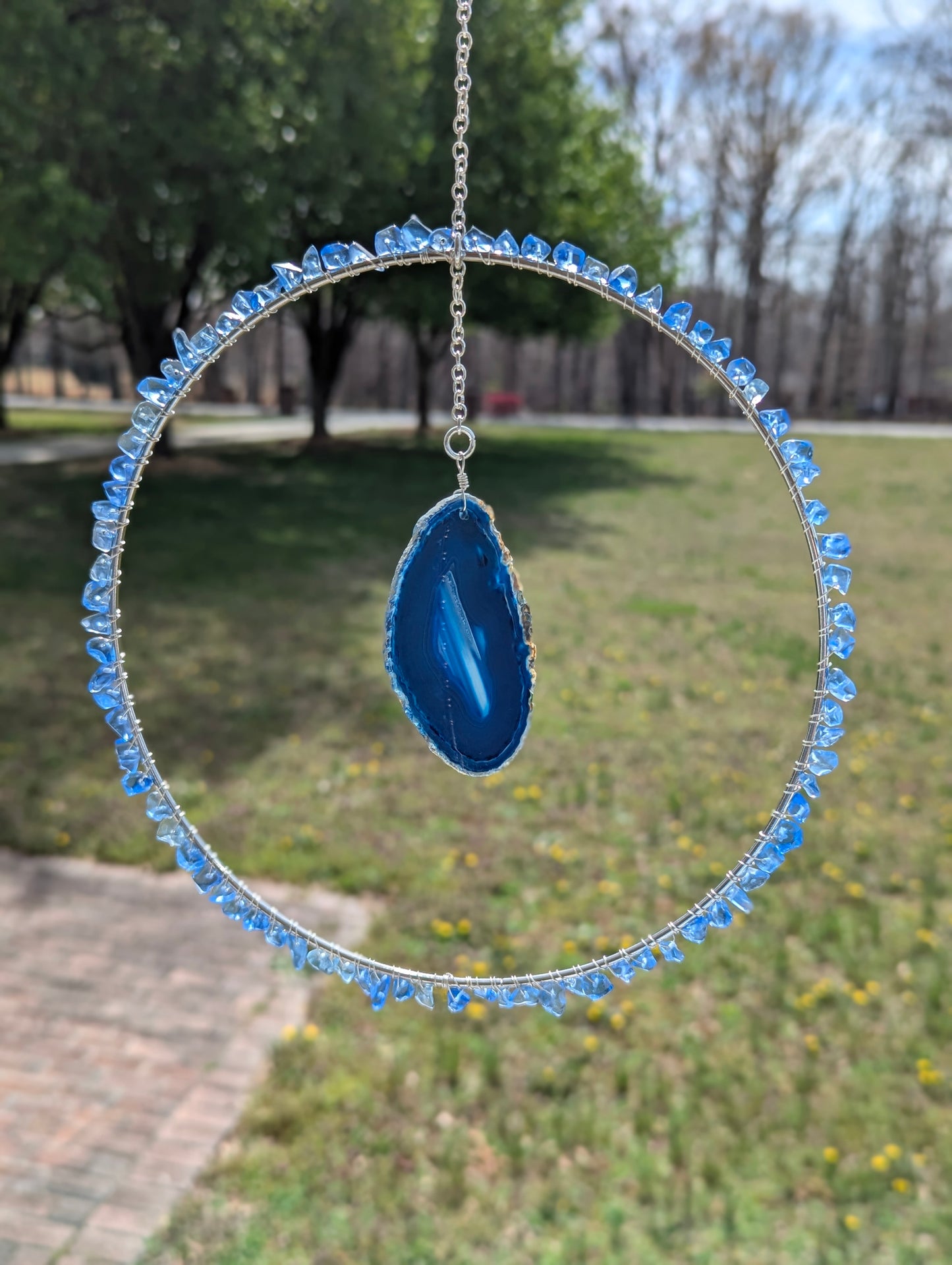 Blue Quartz & Blue Agate Slice Suncatcher - Silver