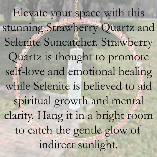 Strawberry Quartz & Selenite Suncatcher - Gold