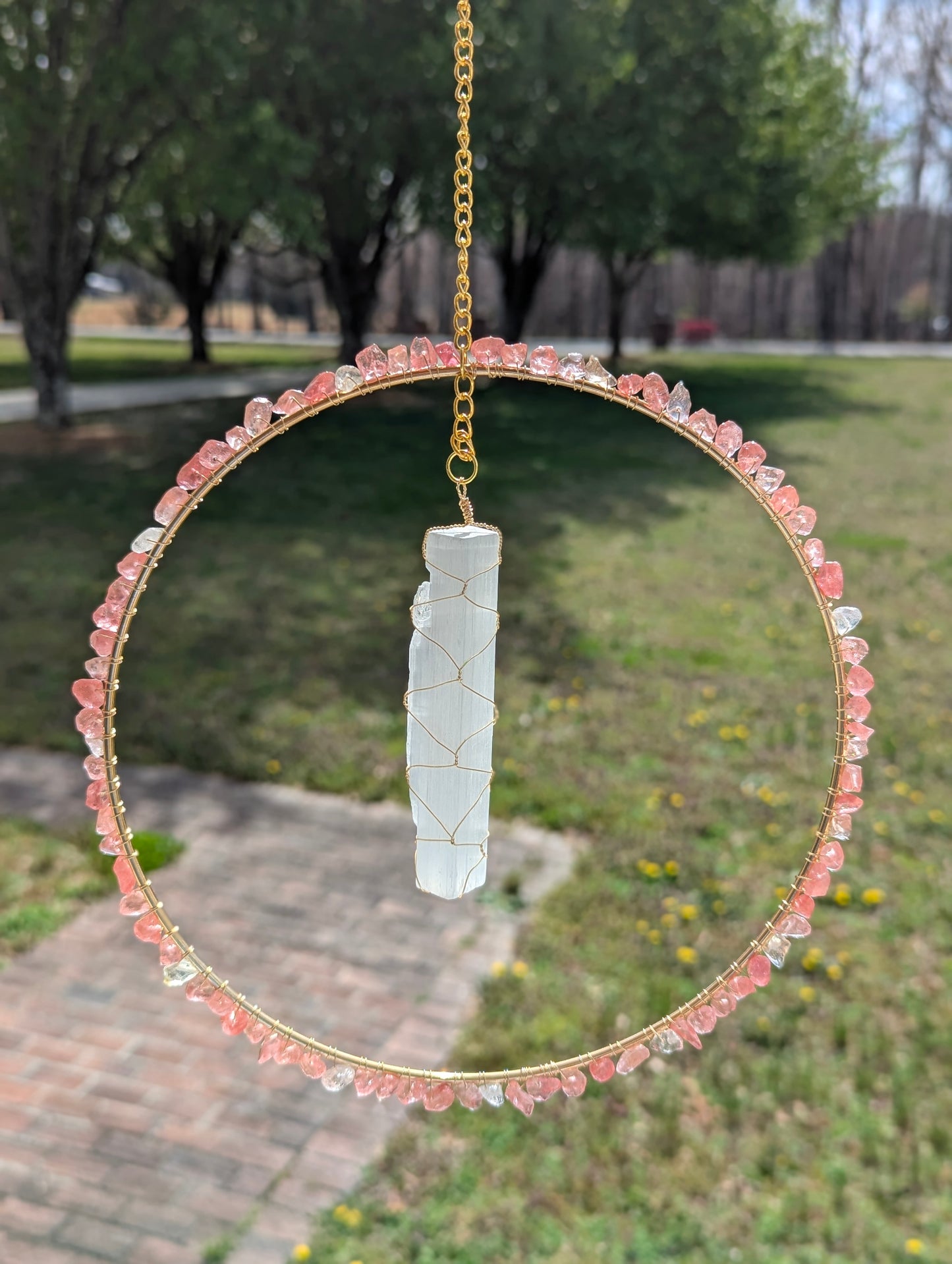 Strawberry Quartz & Selenite Suncatcher - Gold
