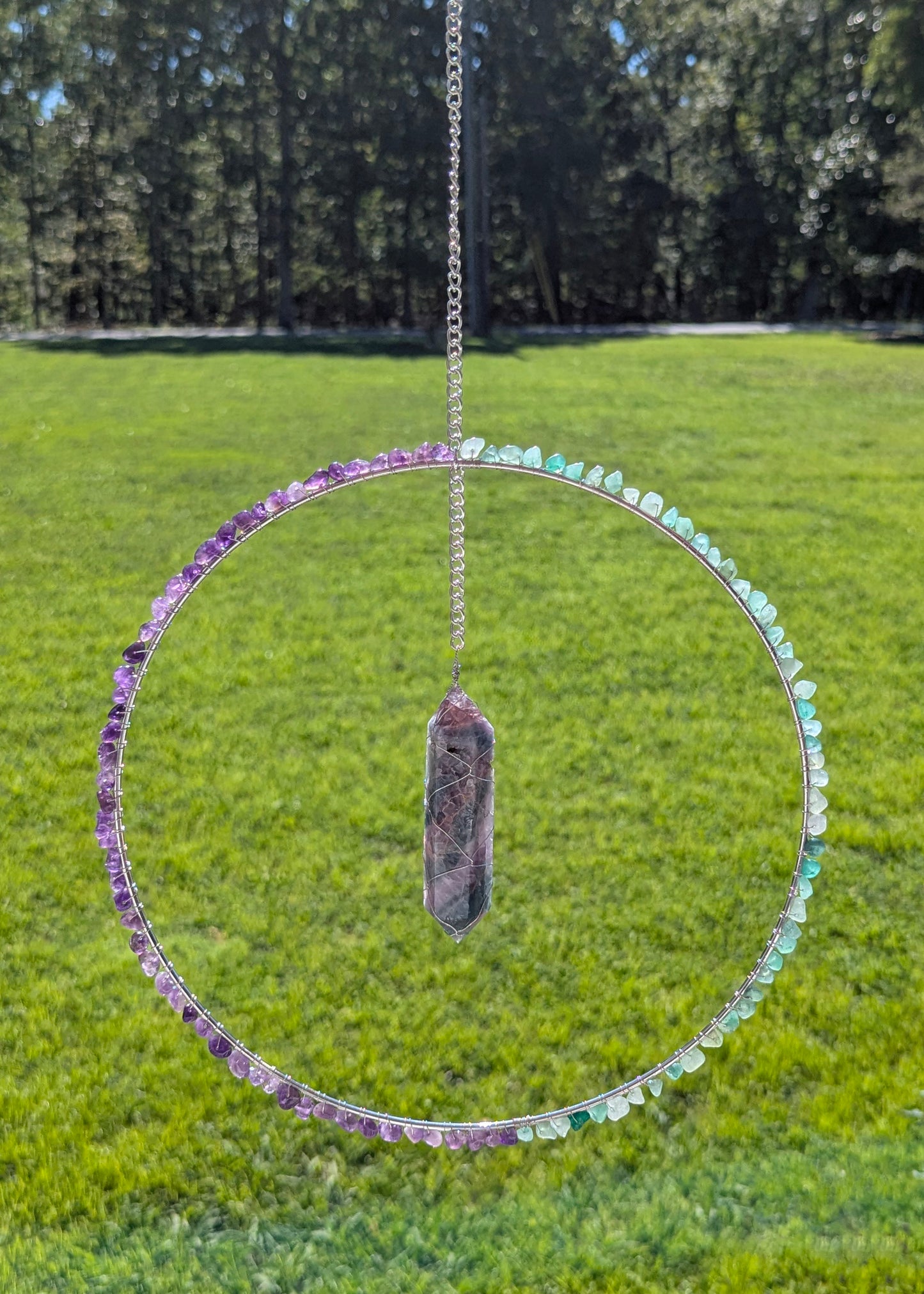 Fluorite, Amethyst, and Green Agate Suncatcher - Silver