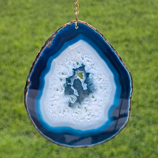 White Quartz and Blue Agate Slice Suncatcher - Gold