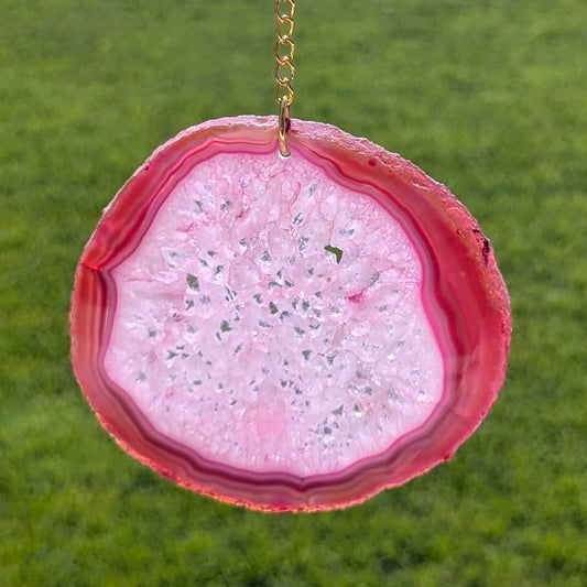 Strawberry Quartz and Pink Agate Slice Suncatcher - Gold