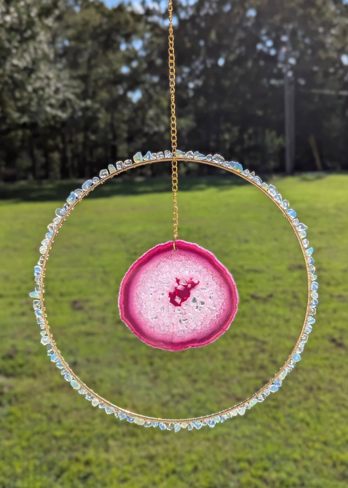 Opal and Pink Agate Slice Suncatcher - Gold
