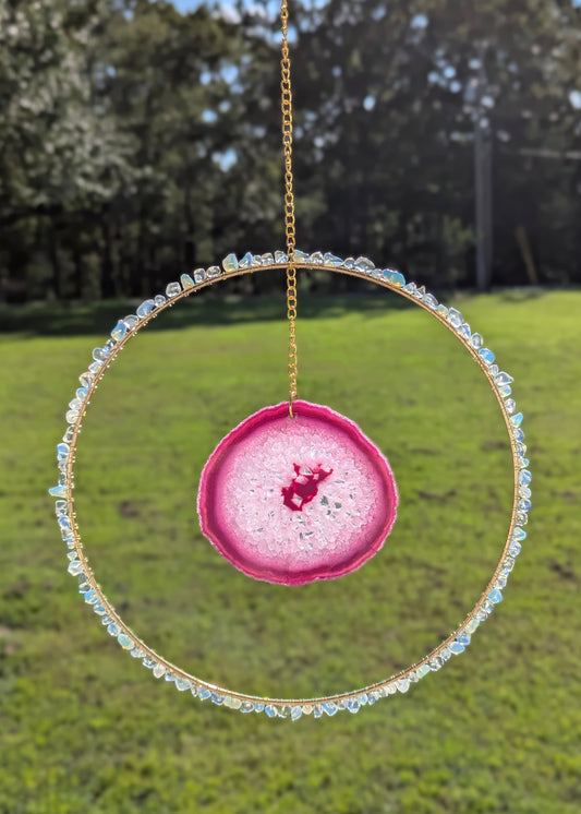 Opal and Pink Agate Slice Suncatcher - Gold