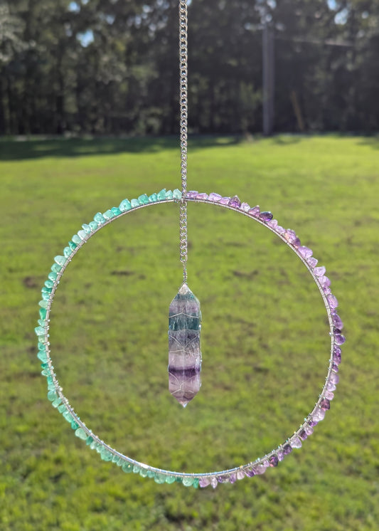 Fluorite, Amethyst, and Green Agate Suncatcher - Silver