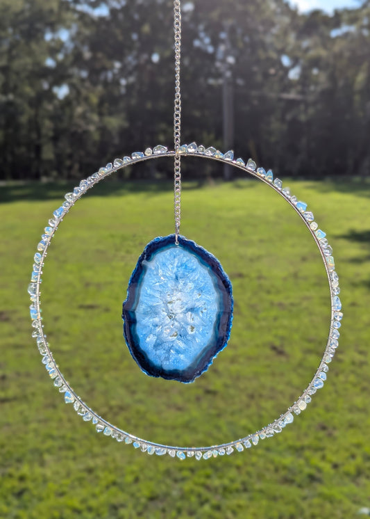 Opal and Blue Agate Slice Suncatcher - Silver