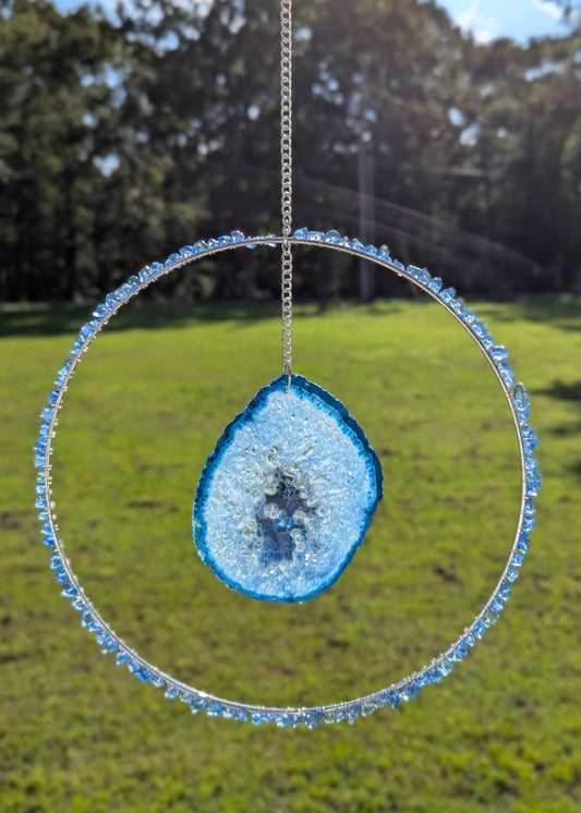 Blue Quartz and Blue Agate Slice Suncatcher - Silver