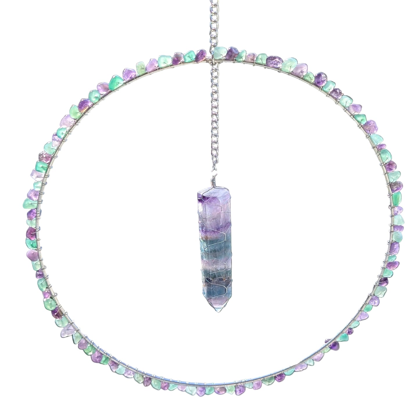 Fluorite, Amethyst, and Green Agate Suncatcher - Silver