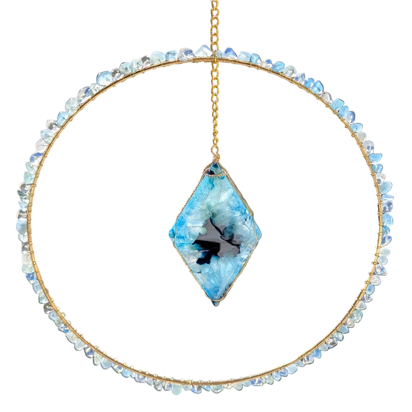 Opal and Blue Agate Slice Suncatcher - Gold