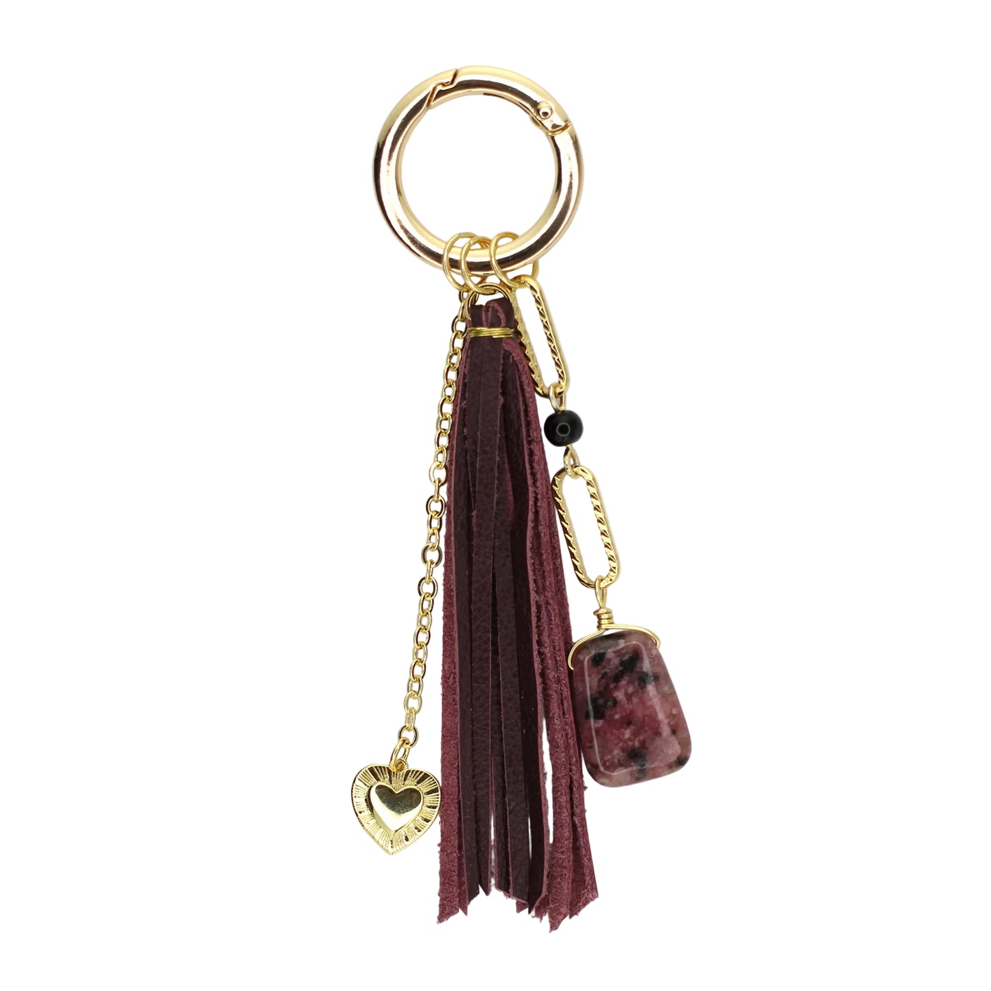 Ruby Kiwi Jasper, Heart Charm, and Burgundy Leather Tassel Bag Charm