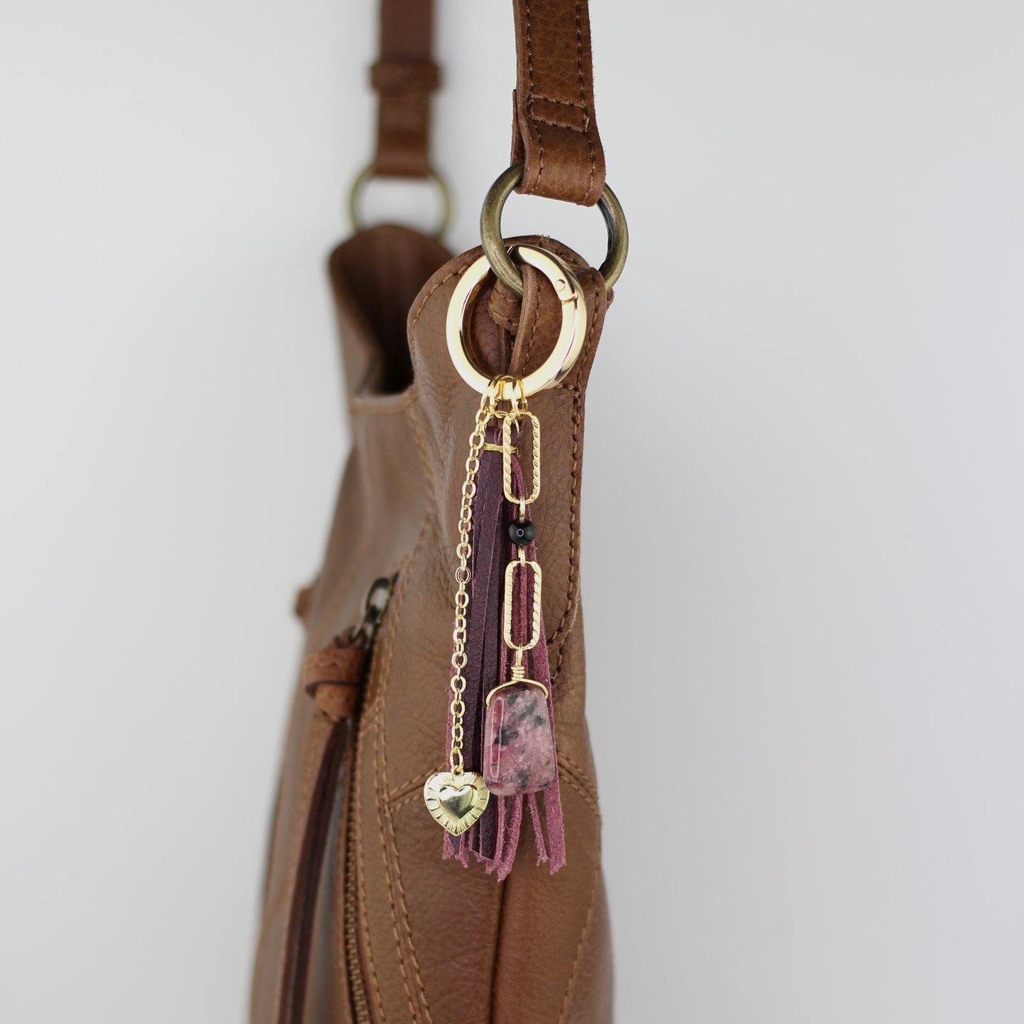 Ruby Kiwi Jasper, Heart Charm, and Burgundy Leather Tassel Bag Charm