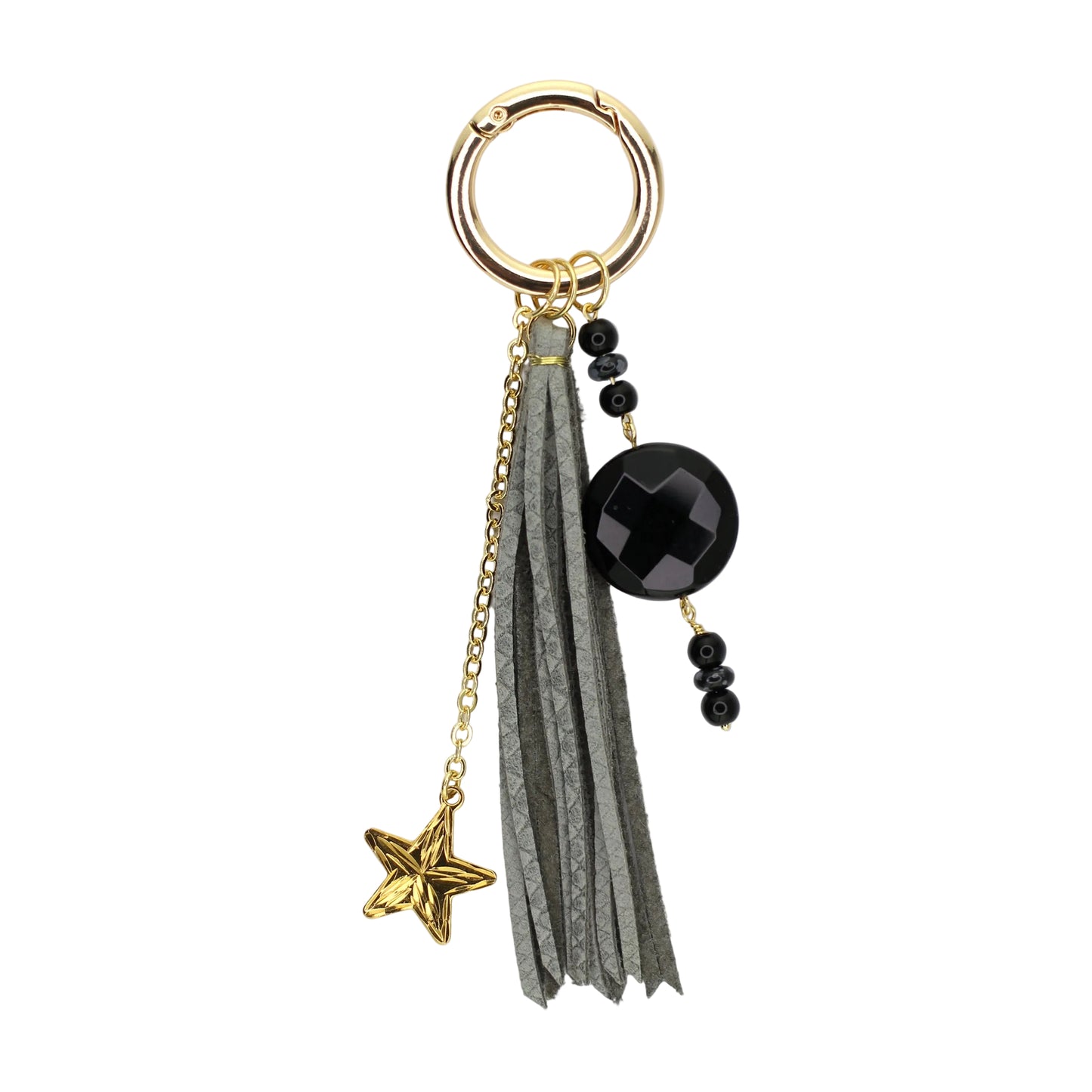 Black Onyx, Star Charm, and Gray Leather Tassel Bag Charm