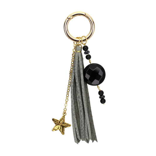 Black Onyx, Star Charm, and Gray Leather Tassel Bag Charm