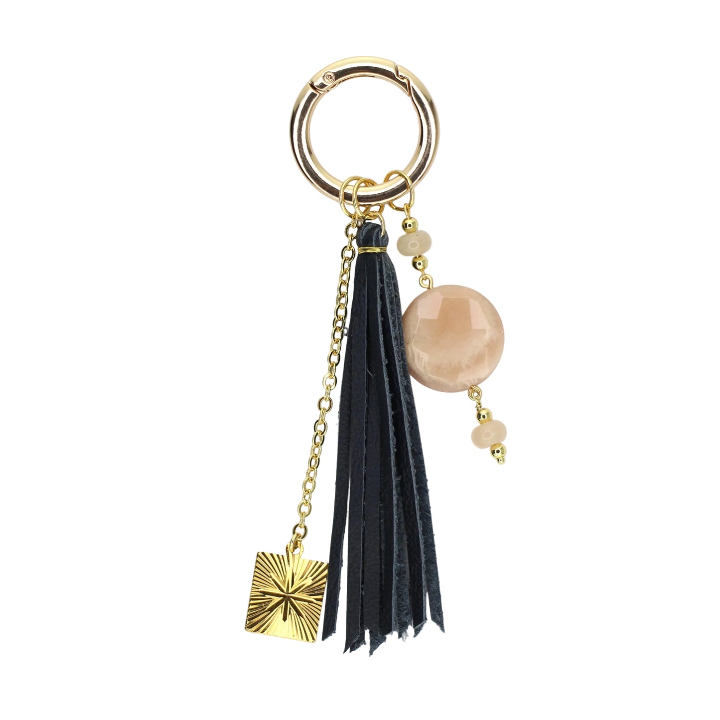 Moonstone, Star Tag Charm, and Navy Leather Tassel Bag Charm
