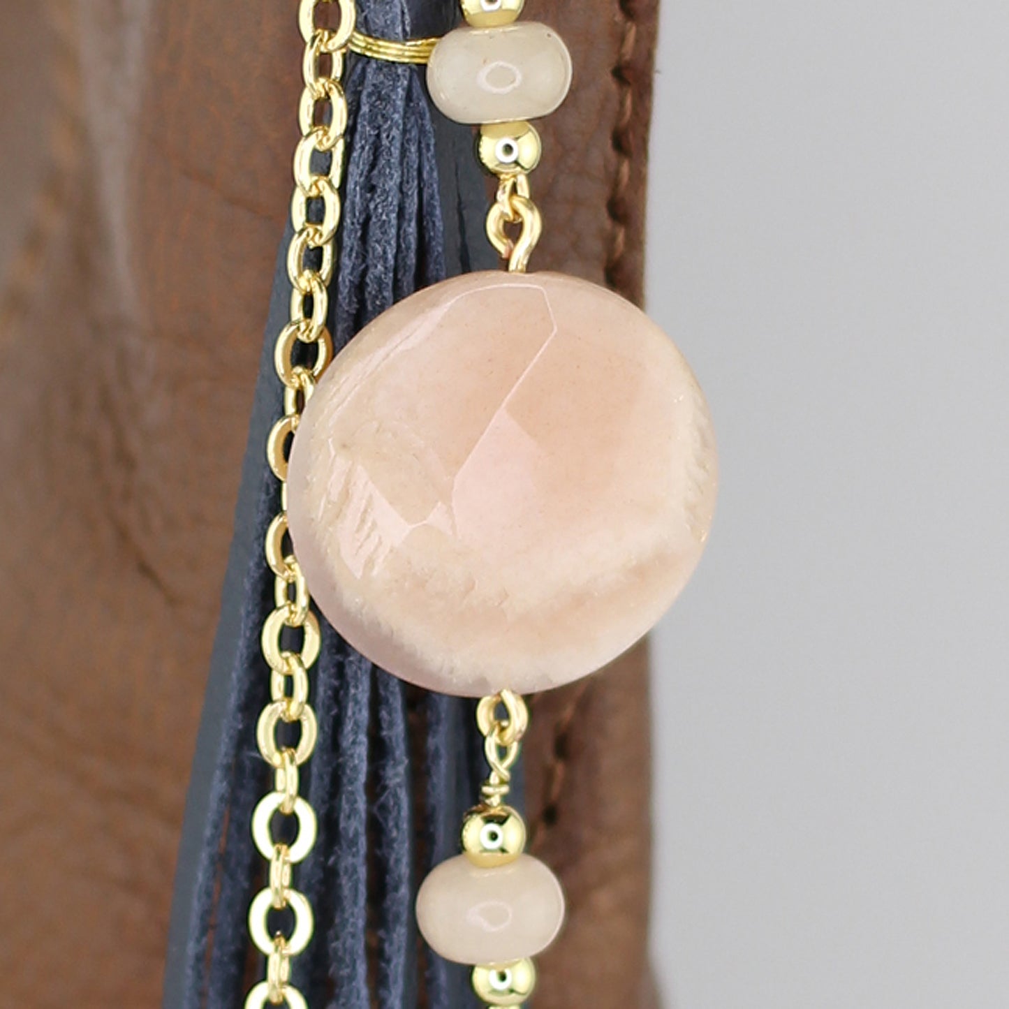 Moonstone, Star Tag Charm, and Navy Leather Tassel Bag Charm