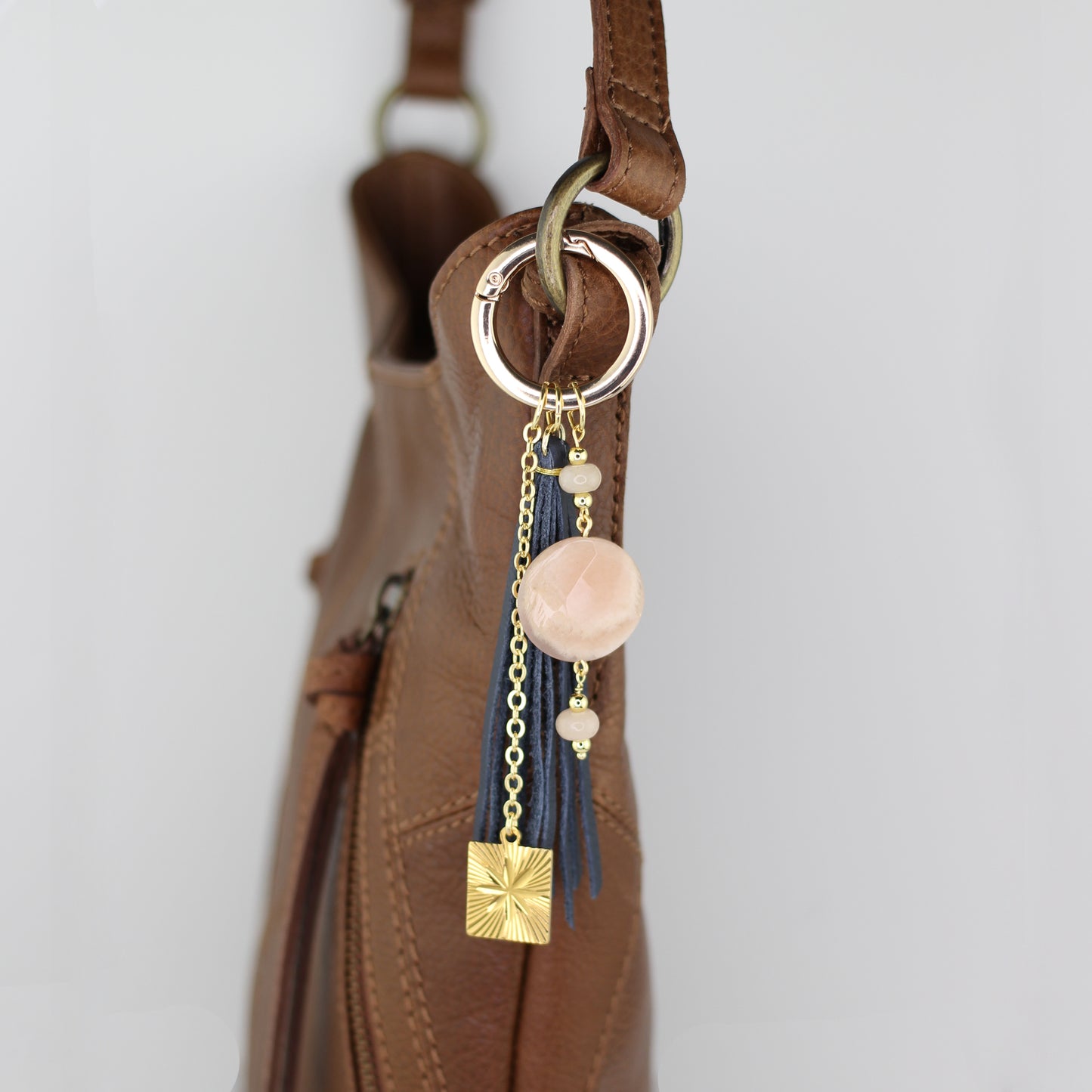 Moonstone, Star Tag Charm, and Navy Leather Tassel Bag Charm