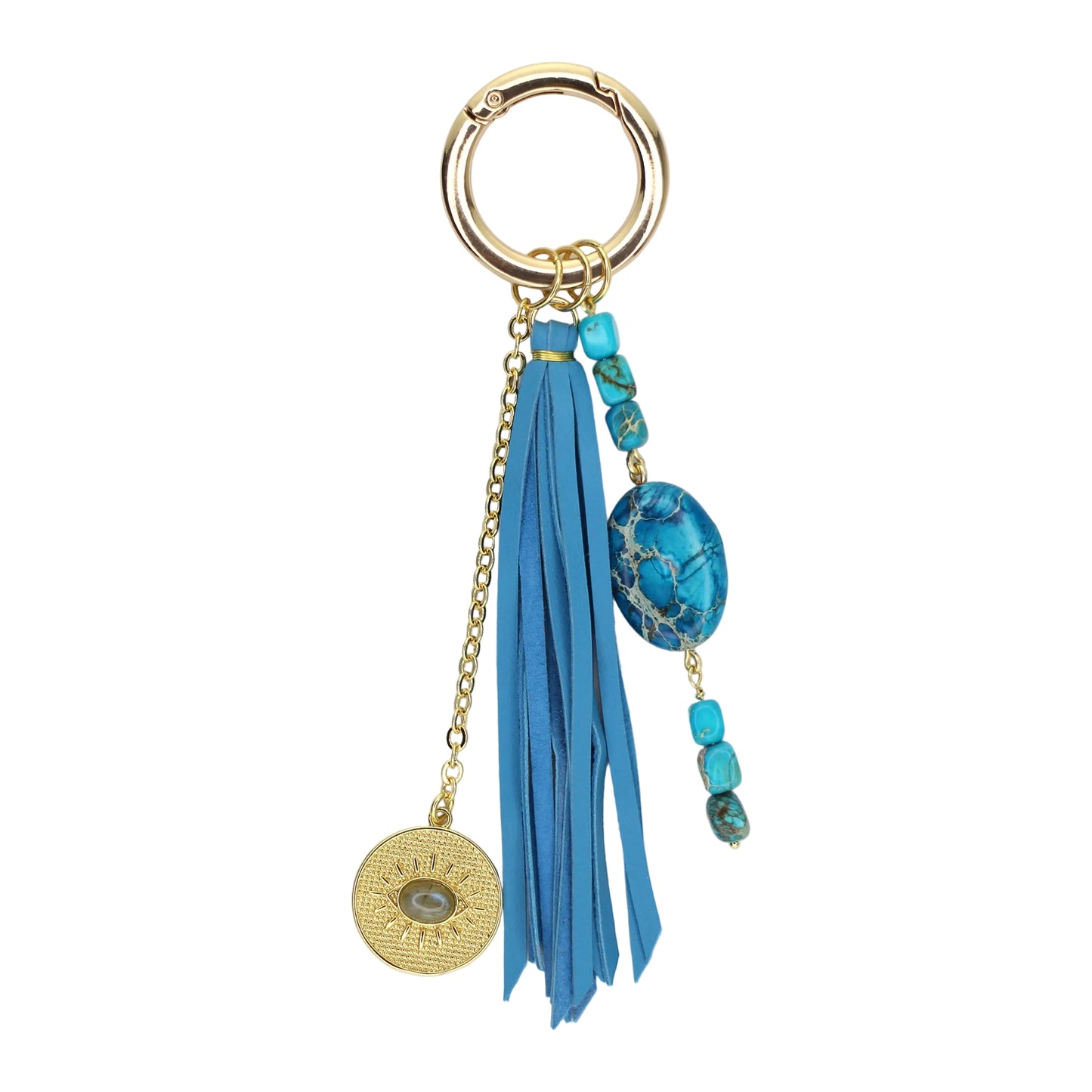 Blue Impression Jasper, Evil Eye Charm, and Turquoise Blue Leather Tassel Bag Charm