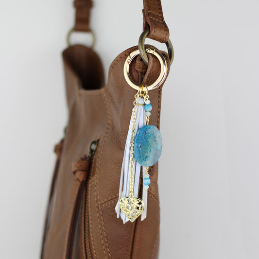 Blue Agate, Heart Charm, and Light Blue Leather Tassel Bag Charm
