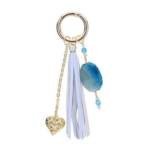 Blue Agate, Heart Charm, and Light Blue Leather Tassel Bag Charm