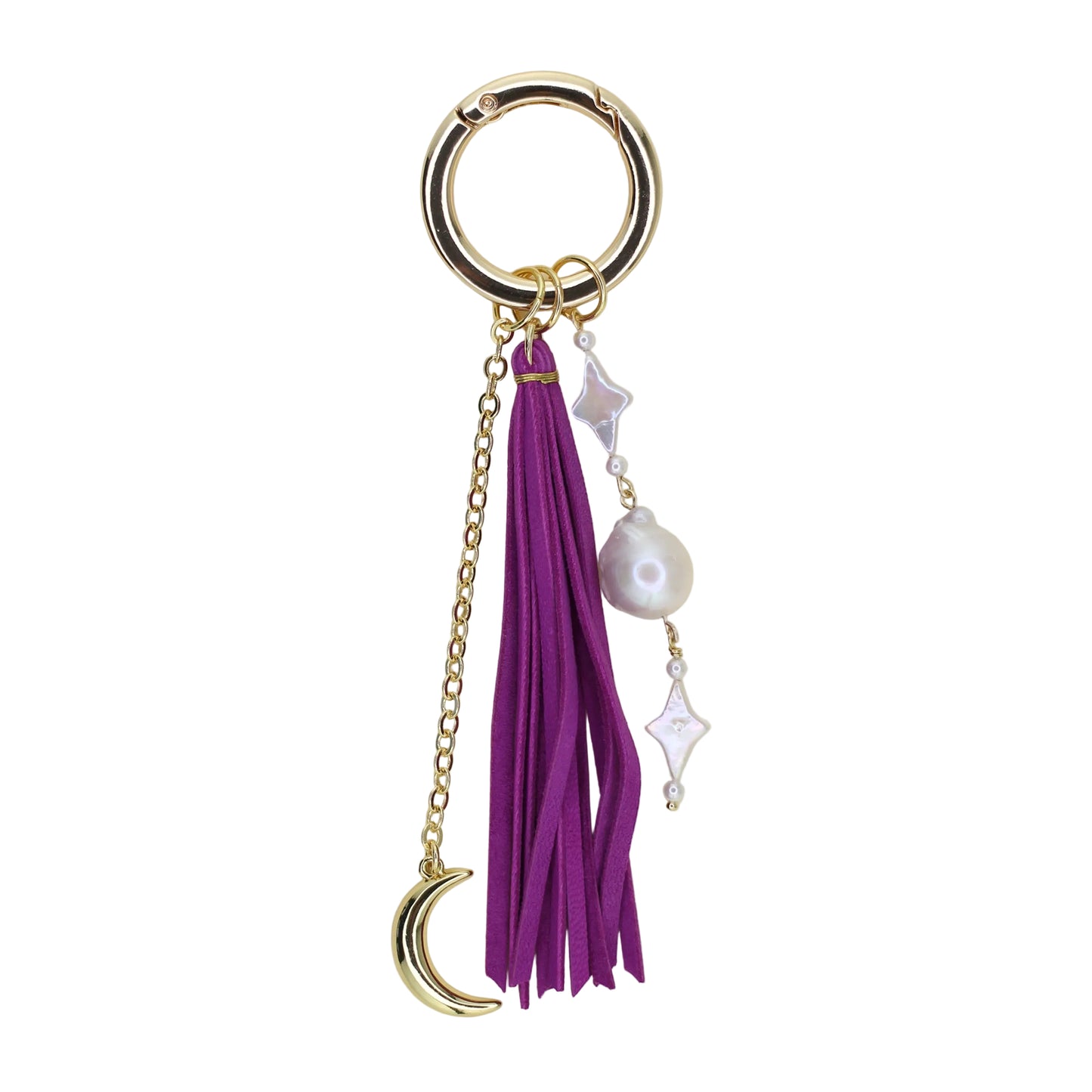 Freshwater Pearl, Moon Charm, and Fuchsia Leather Tassel Bag Charm