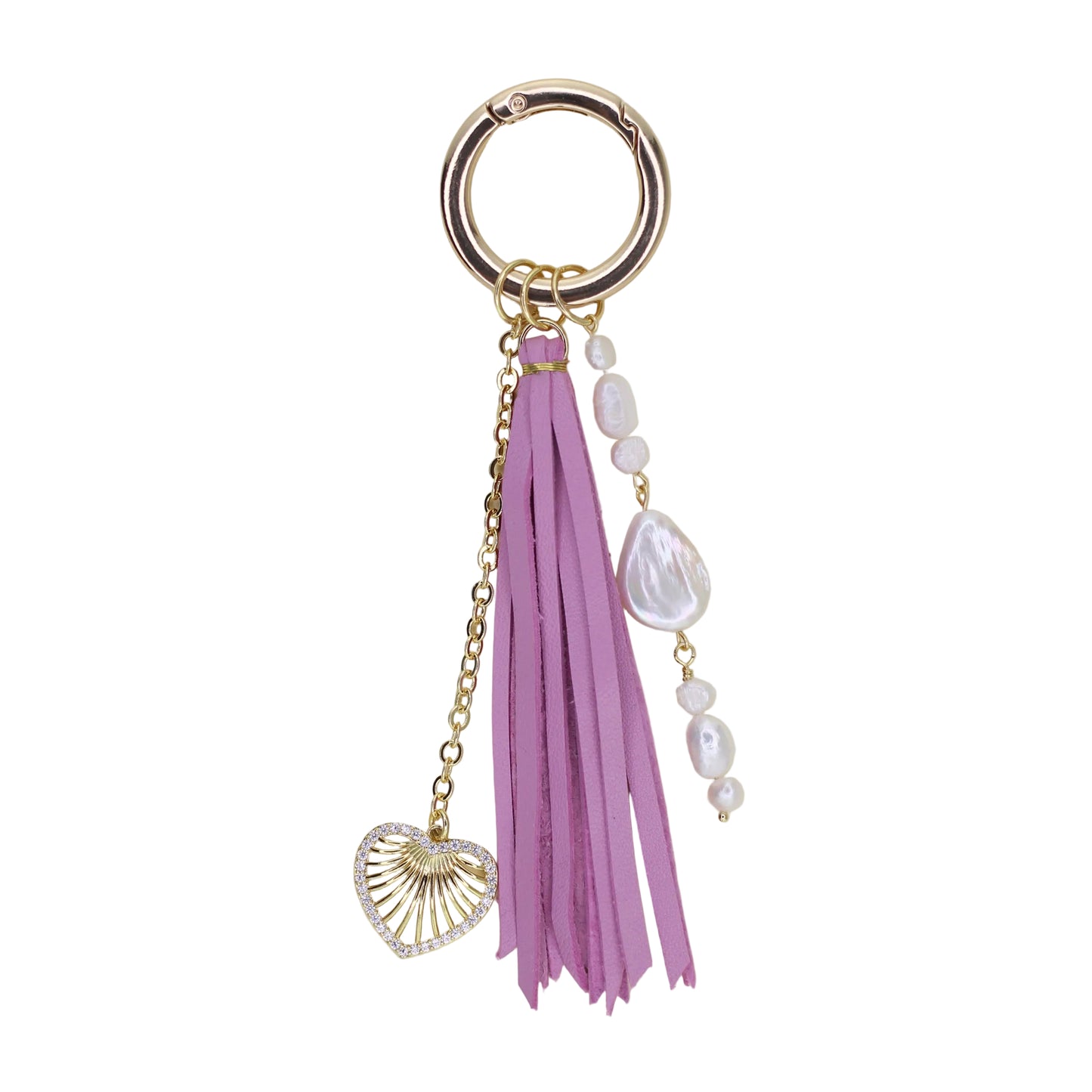 Freshwater Pearl, Heart Charm, and Pink Leather Tassel Bag Charm