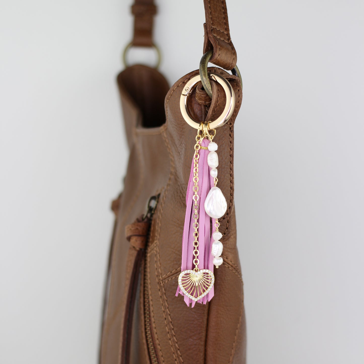 Freshwater Pearl, Heart Charm, and Pink Leather Tassel Bag Charm