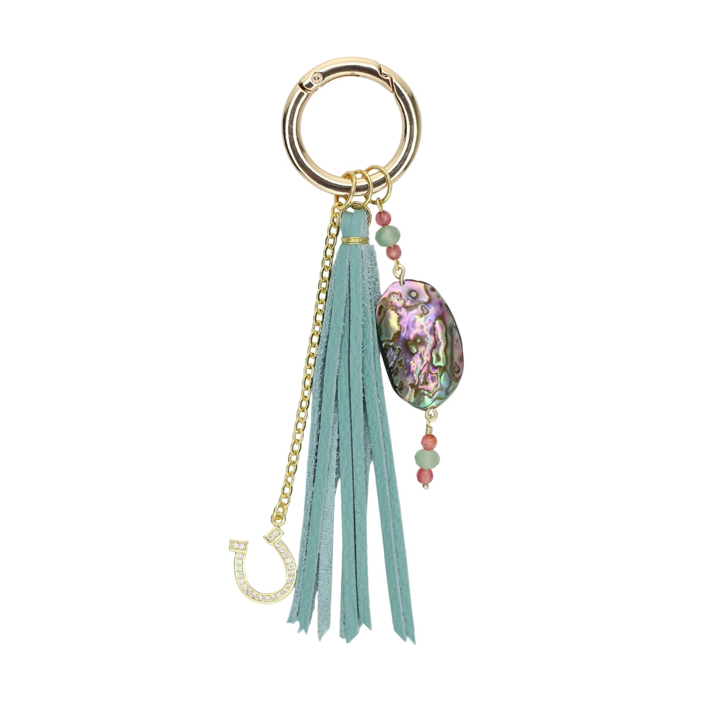 Abalone Shell, Horseshoe Charm and Blue Leather Tassel Bag Charm