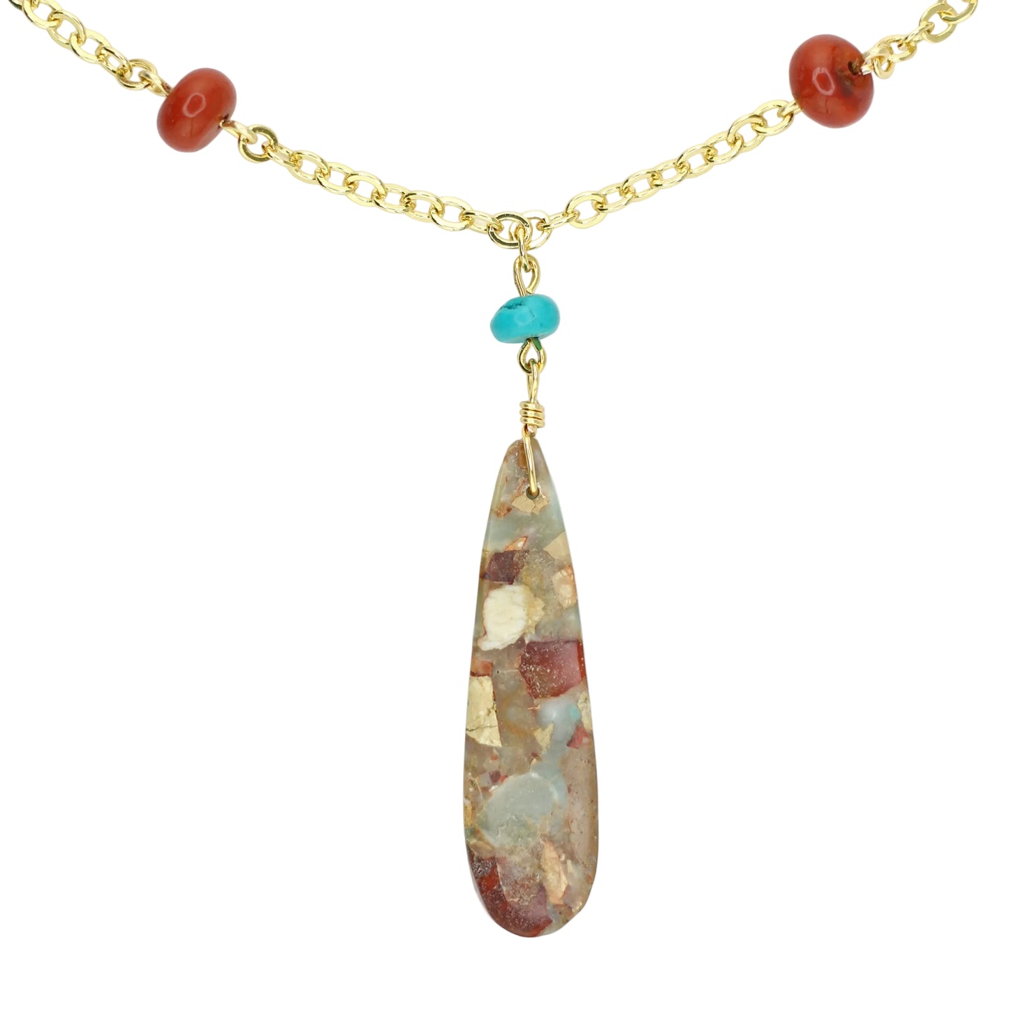 Red Jasper, Aqua Terra Jasper, and Turquoise Necklace on Chain