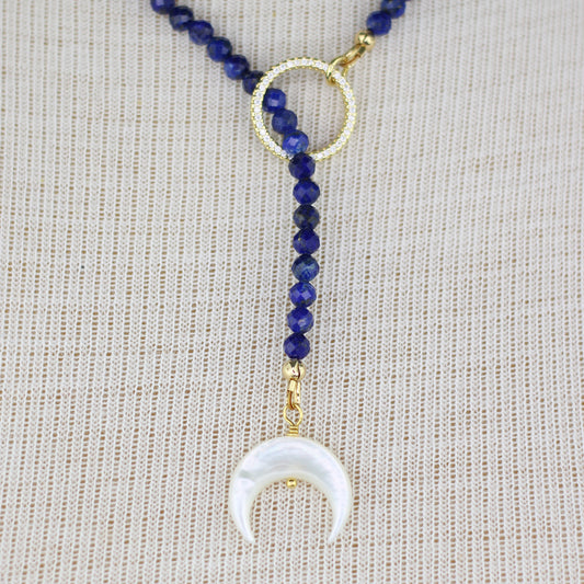 Lapis Lazuli Lariat Wrap Toggle Necklace with Mother of Pearl Pendant
