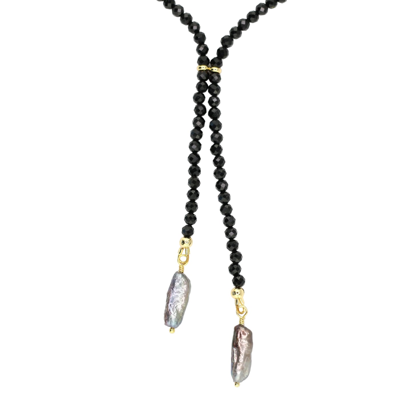 Black Tourmaline Bolo-Style Y Necklace with Gray Freshwater Pearl Pendants