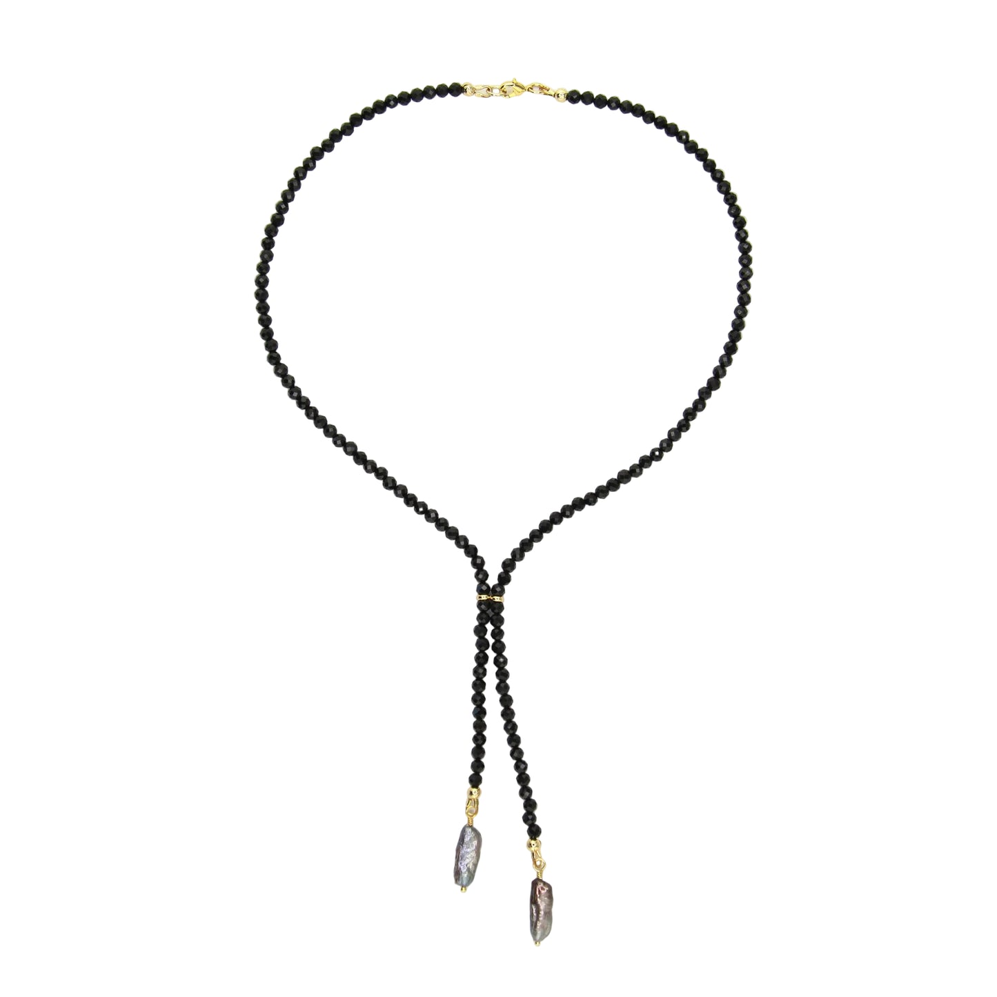 Black Tourmaline Bolo-Style Y Necklace with Gray Freshwater Pearl Pendants