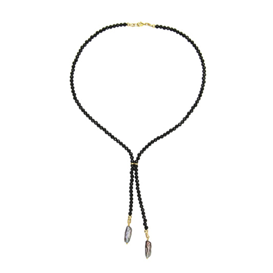 Black Tourmaline Bolo-Style Y Necklace with Gray Freshwater Pearl Pendants
