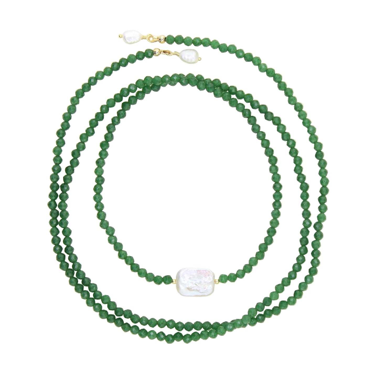 Green Jade Lariat Wrap Necklace with Freshwater Pearl Accents