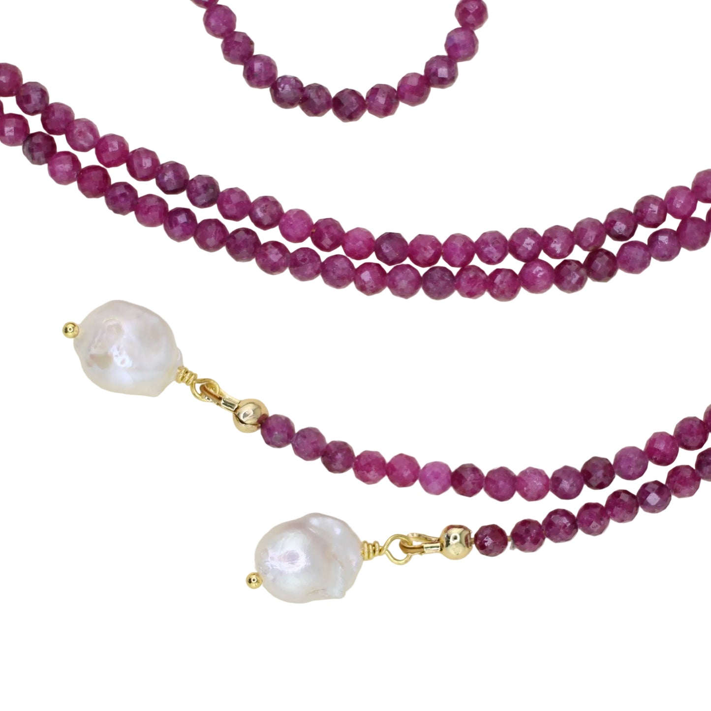 Ruby Lariat Wrap Necklace with Baroque Pearl Pendants