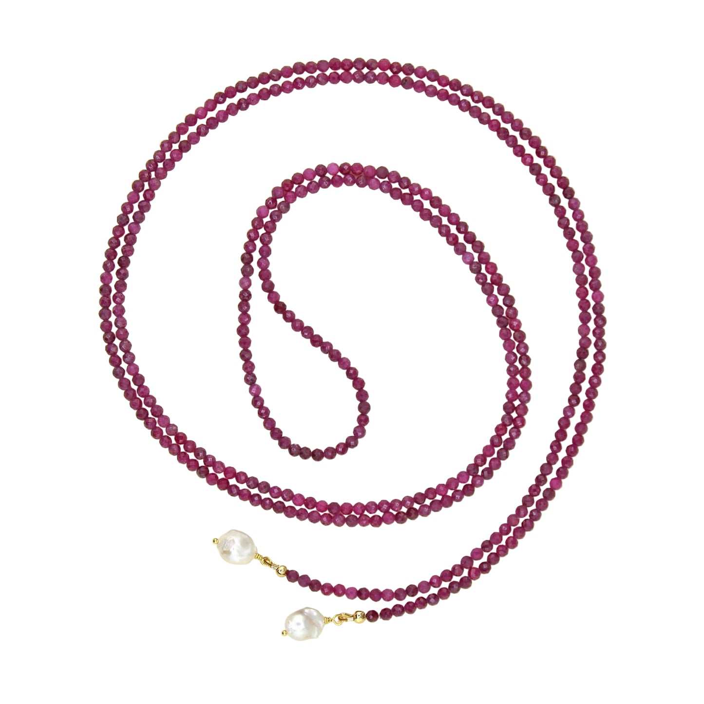 Ruby Lariat Wrap Necklace with Baroque Pearl Pendants