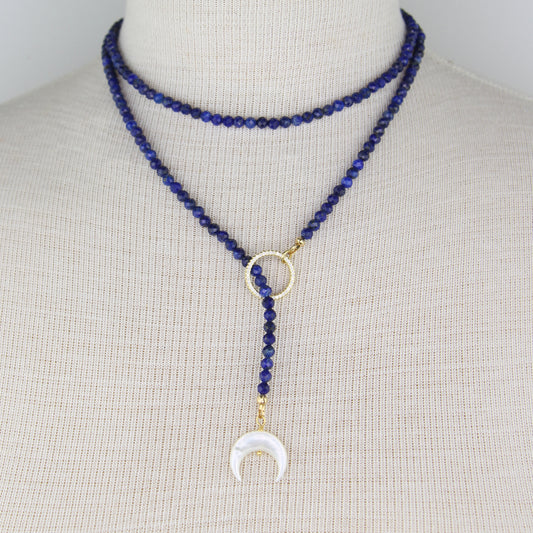 Lapis Lazuli Lariat Wrap Toggle Necklace with Mother of Pearl Pendant