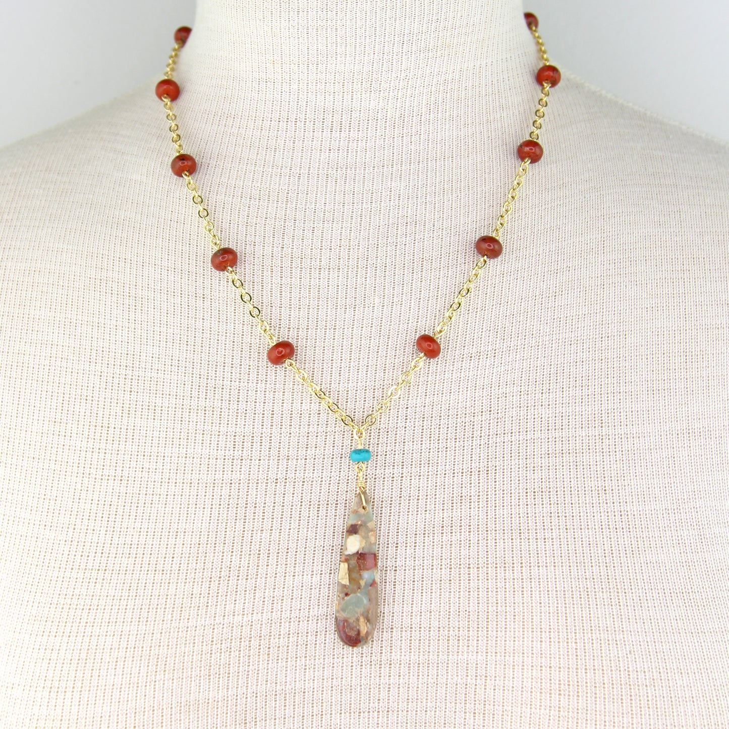 Red Jasper, Aqua Terra Jasper, and Turquoise Necklace on Chain