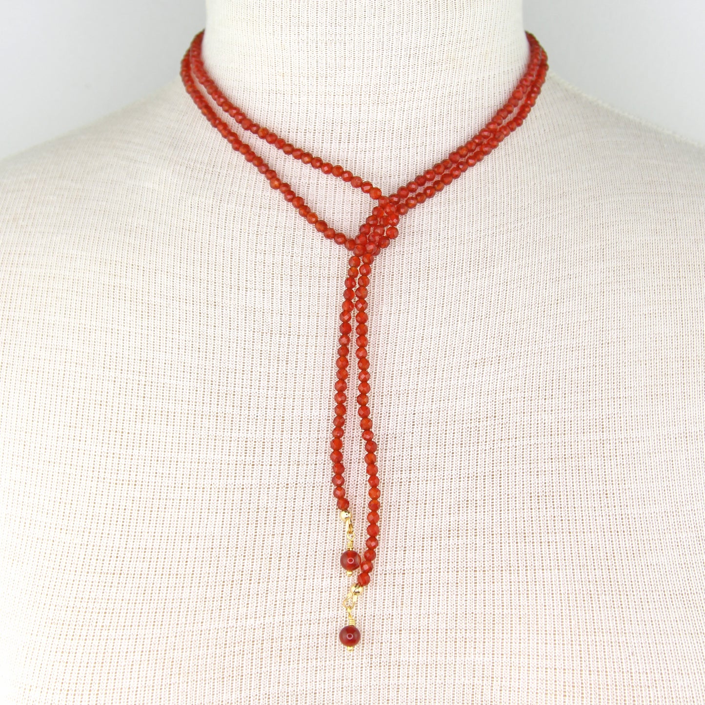 Carnelian Lariat Wrap Necklace with Red Aventurine Pendants