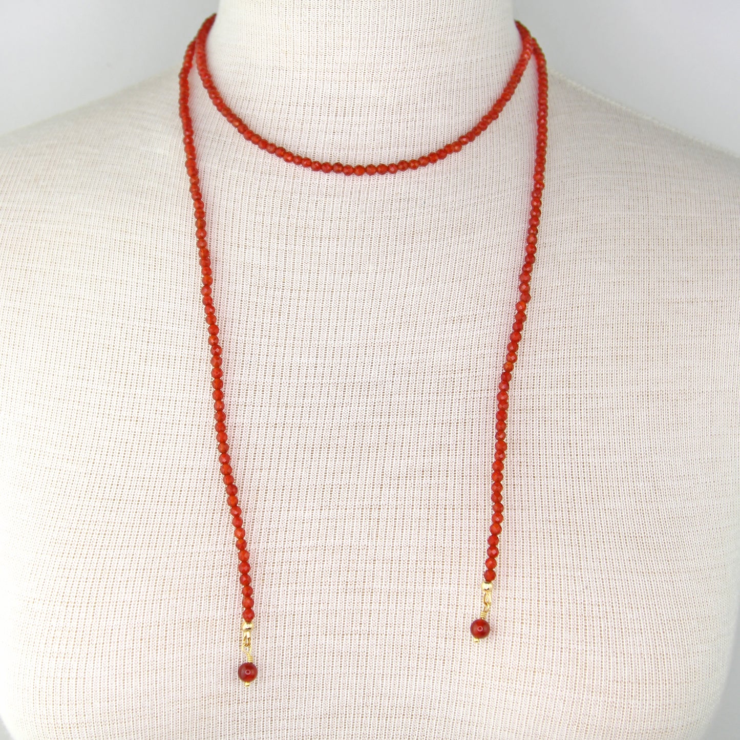 Carnelian Lariat Wrap Necklace with Red Aventurine Pendants