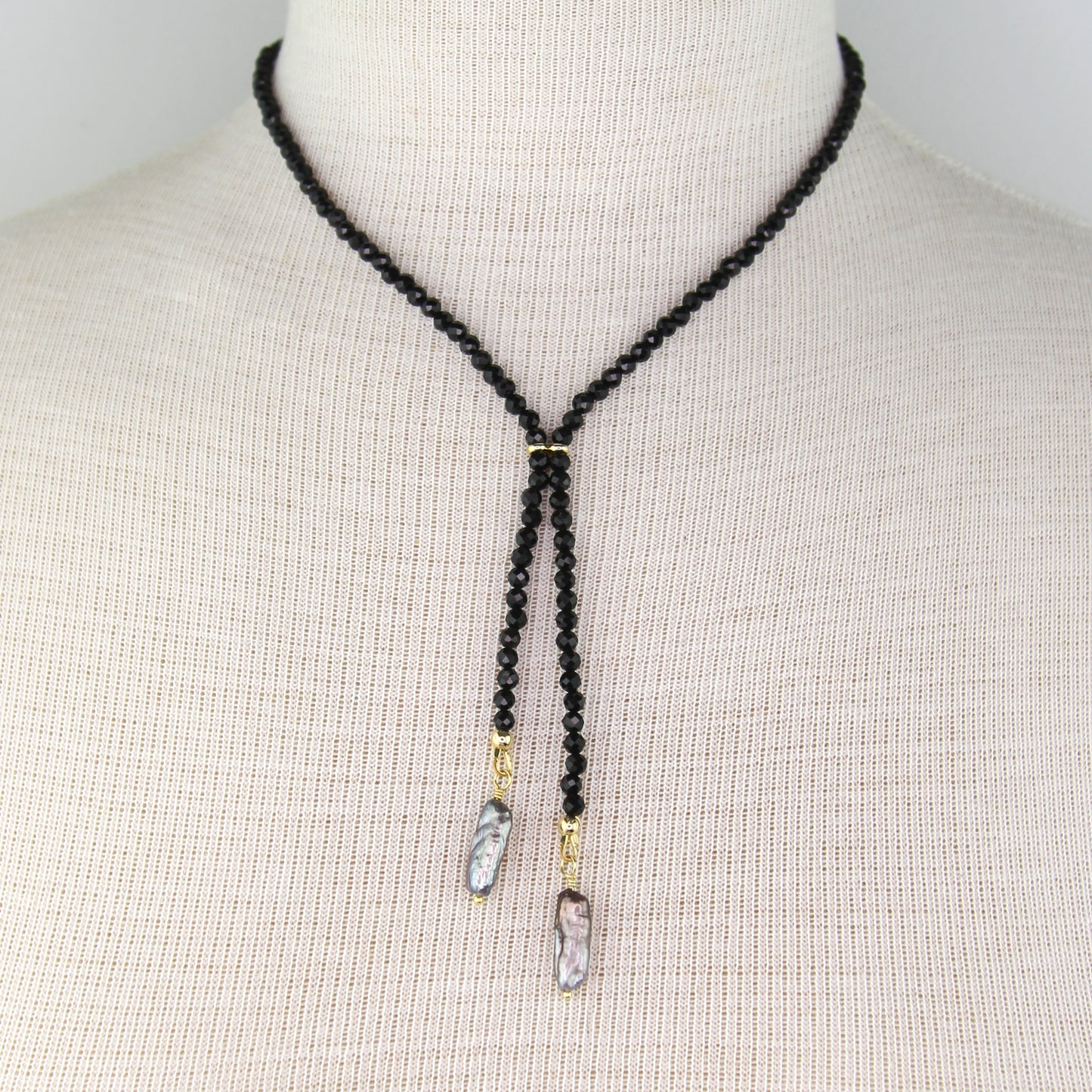 Black Tourmaline Bolo-Style Y Necklace with Gray Freshwater Pearl Pendants